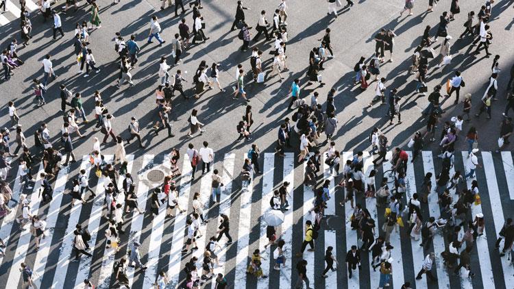 Birdseye view of people walking across pedestrian crossing